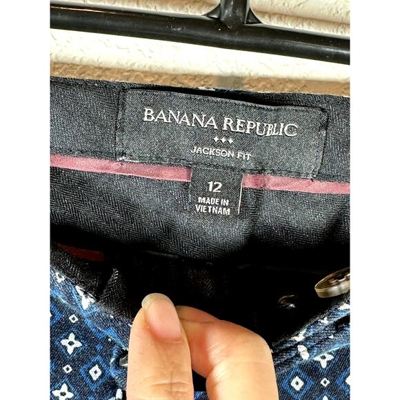 Banana Republic Jackson Fit Pants Size 12 Black with Navy & White Pattern - Picture 3 of 15